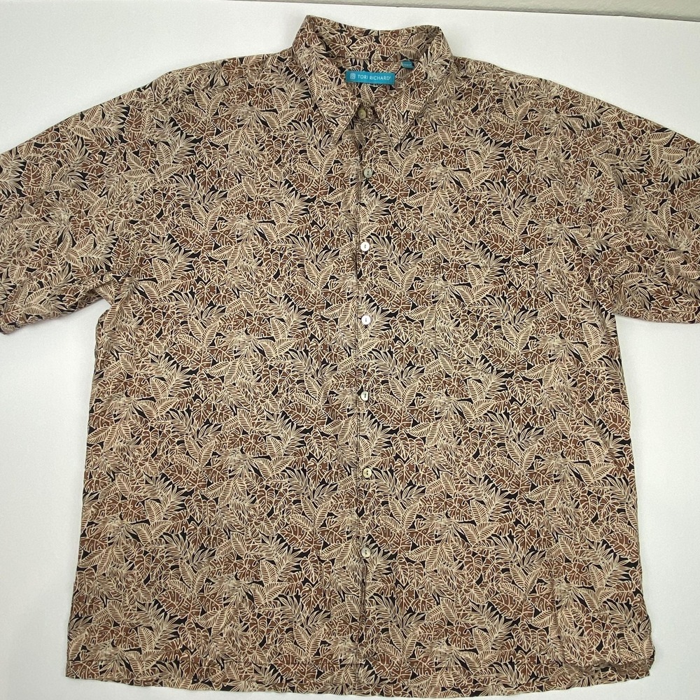 Tori Richard Shirt Mens 2XL Brown Hawaiian Aloha Leaf Print Button Up Hawaii